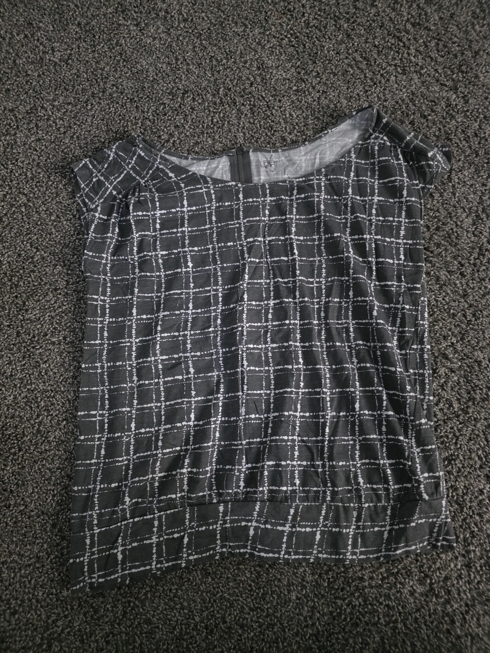 LOFT Gray and White Windowpane Cap-Sleeve Blouse